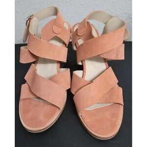 Anthropologie Anaki Greta Peachy Pink Suede Block Heel Sandals Size 38 US 7-7.5